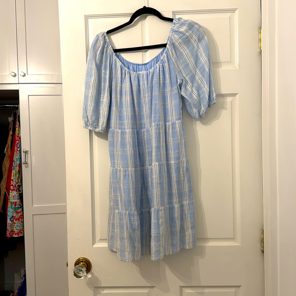 Heartloom size small blue and white woman’s dress.  May wear off the shoulders.